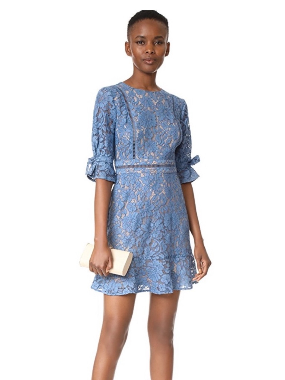 NWT WAYF Rene Slate Blue Tie-Sleeve Lace Mini Dress, Size 2